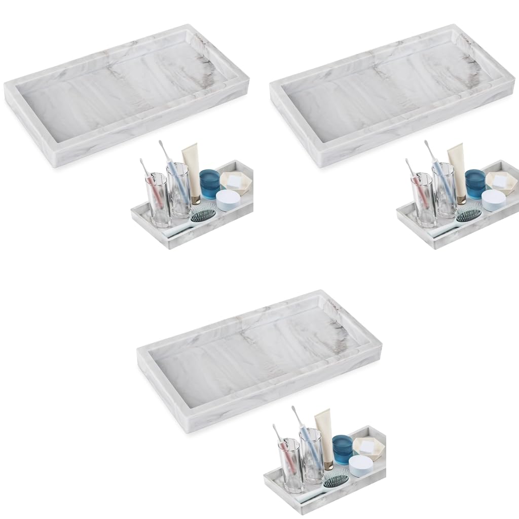 HASTHIP Bathroom Organizer with Marble Pattern Silicone Trays 20x10cm 3PCS for Sink | Modern Vanity Storage