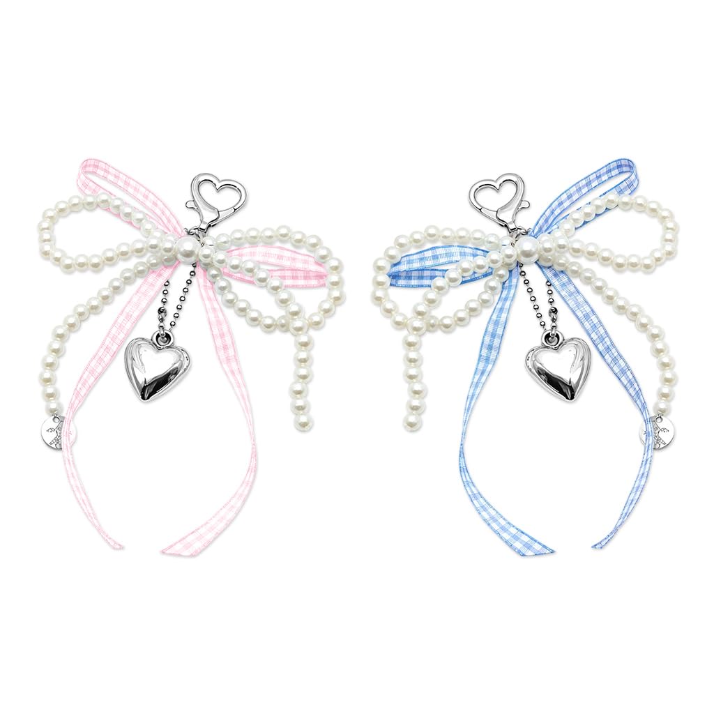 HASTHIP® 2 Piezas Llavero Encanto de Lazo con Perlas y Cinta Cuadros,Colgante de Corazón,Accesorio Elegante para Bolsos Monedero Correa Teléfono y Mochila