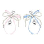 HASTHIP® 2 Piezas Llavero Encanto de Lazo con Perlas y Cinta Cuadros,Colgante de Corazón,Accesorio Elegante para Bolsos Monedero Correa Teléfono y Mochila