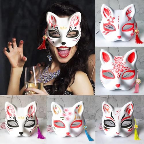 HASTHIP® 5pcs Cat Mask DIY Kit, Blank White Cat Face Masks for Kids Halloween, Graffiti Paintable Masquerade Costume Craft with Acrylic Paints, Brush Pens, Tassel & Sakura Bell Charms