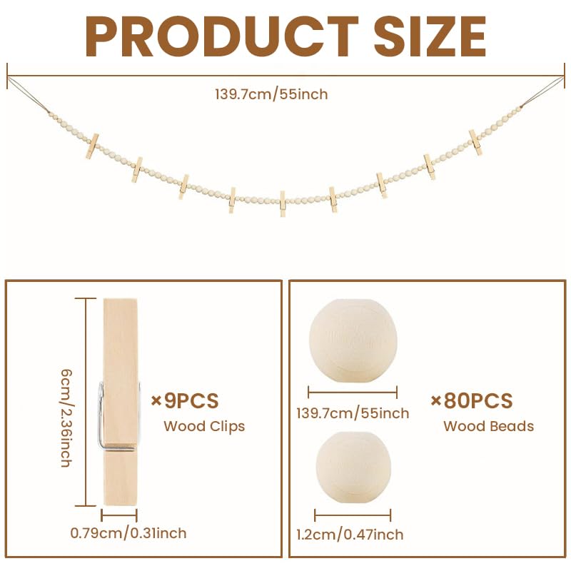 HASTHIP Hanging Photo Display for Wall Decor with 18 Clips and 2×55 in Wooden Bead Garland