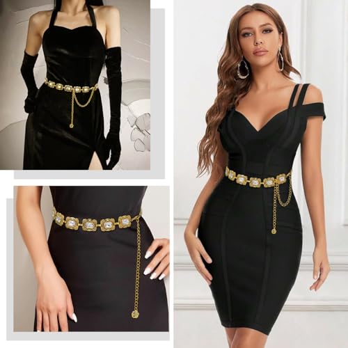 HASTHIP® Women's Metal Concho Belt,Vintage Crystal Waist Chain Belt for Dresses,Jeans Saree & Skirts Adjustable Boho Hip Gold Fashion Accessory