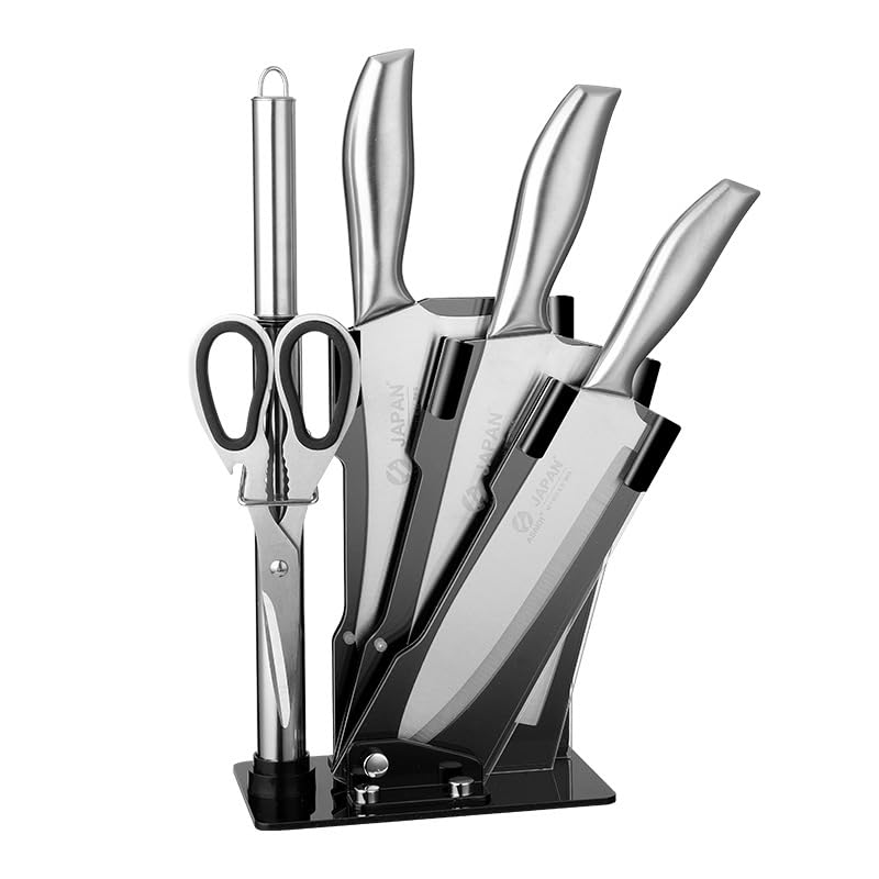 HASTHIP® Knife Set for Kitchen With Stand - 19 PCS High Carbon Stainless Steel Sharp includes Serrated Steak Set, Chef Knives, Bread Knife, Scissor, Sharpener, Metallic Silver