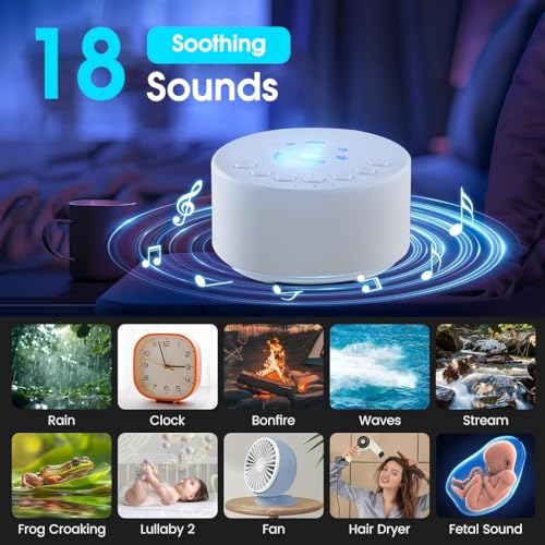 HASTHIP® White Noise Machine, White Noise Machine For Baby Adults Kids, with 7 Color Night Light, with 18 Soothing Melodies, Auto Off Timer Design, USB Cordless Rechargeable White Noise Sound Machine