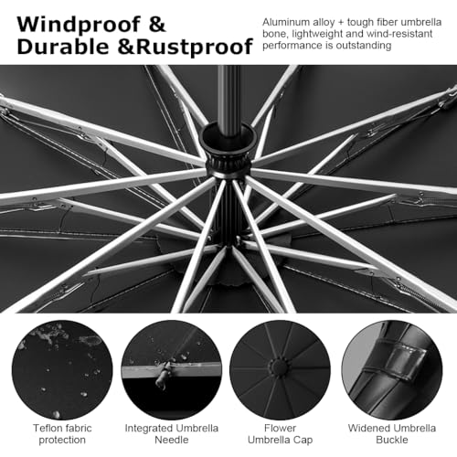 HASTHIP® Large Umbrella for Men Women with Reflective Strap,50'' Automatic Open/Close Windproof Travel Folding Umbrella,Reinforced 10 Dual Ribs 99 UV Protection with Carabiner Handle
