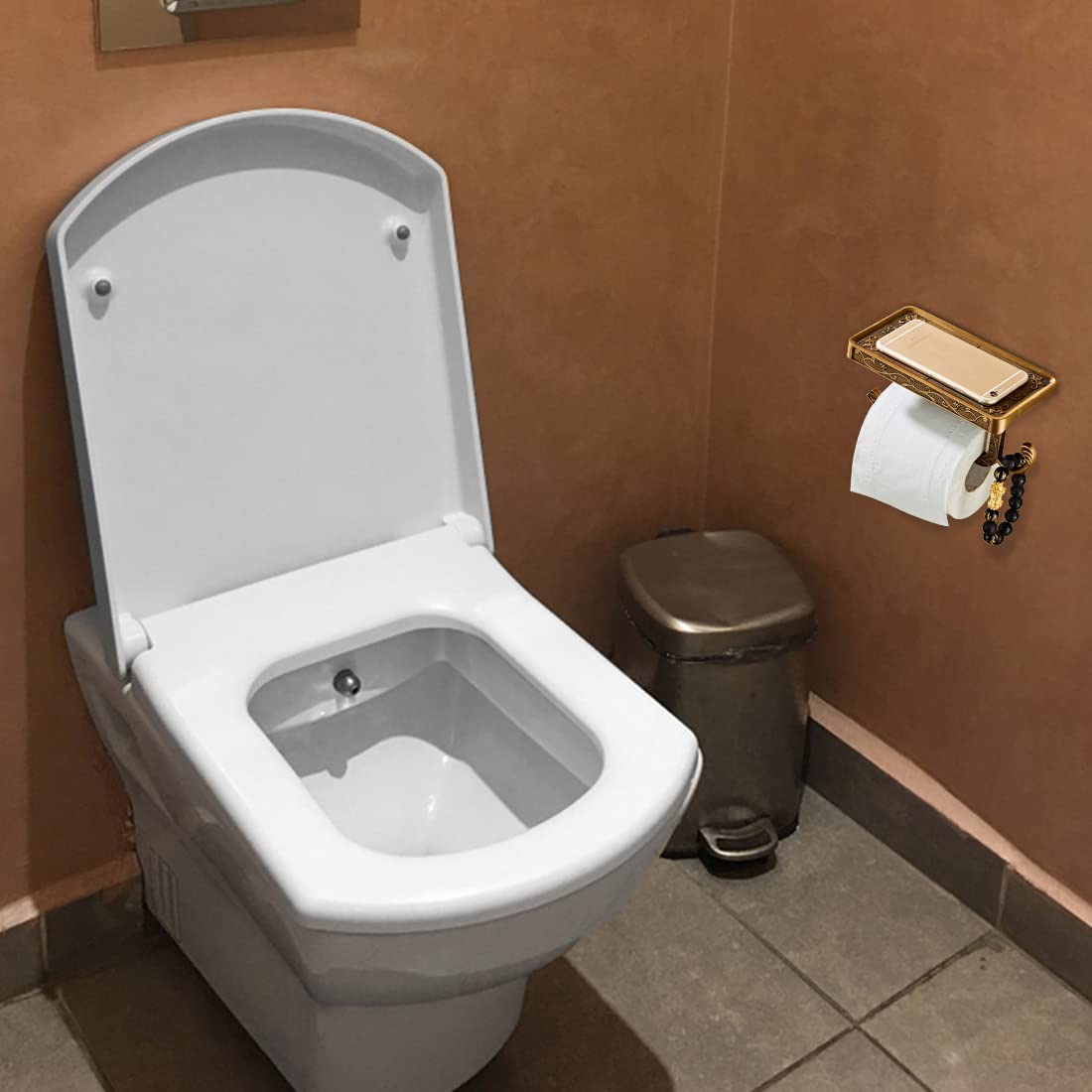 HASTHIP Toilet Paper Roll Holder for Bathroom with 7.29×3.94×3.75in Phone Shelf | Anti Rust Aluminum 3D Carving Design