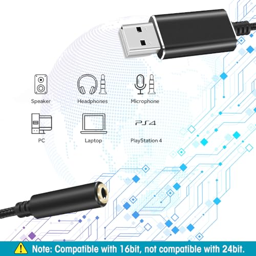 HASTHIP® Zeitel USB Sound Card, USB to 3.5mm Audio Adapter External Stereo Sound Converter for Laptop, PC, PS4, Headset, Microphone, Speakers, Gaming, Plug and Play
