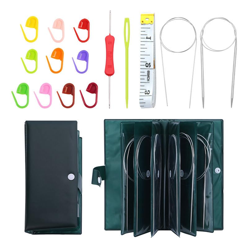HASTHIP® 11Pcs Circular Knitting Needles, Multi Sizes, 31.5 inches Circular Needles Kit with 10 Stitch Markers, Dual End Crochet Hook, Blunt Yarn Needle, Circular Knitting Needles with PU Storage Bag
