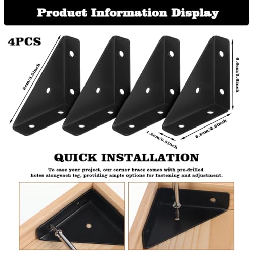 HASTHIP® 4Pcs Corner Braces Angle Brakets Steel L-Brackets 90°C Shelf Support Corner Braces, Triangle Furniture Right-Angle Joints Brackets, Corner Desk Connector for Bed Cabinet (Screws Not Included)