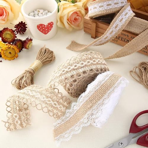 HASTHIP® 4 Rolls 13.12ft Jute Rope Burlap Ribbon Lace + 32.8ft Hemp Rope, Jute Rope for Craft Ribbons for Gift Wrapping, Event & Wedding Decorations, Gift Packing Materials Natural Fabric Roll Craft