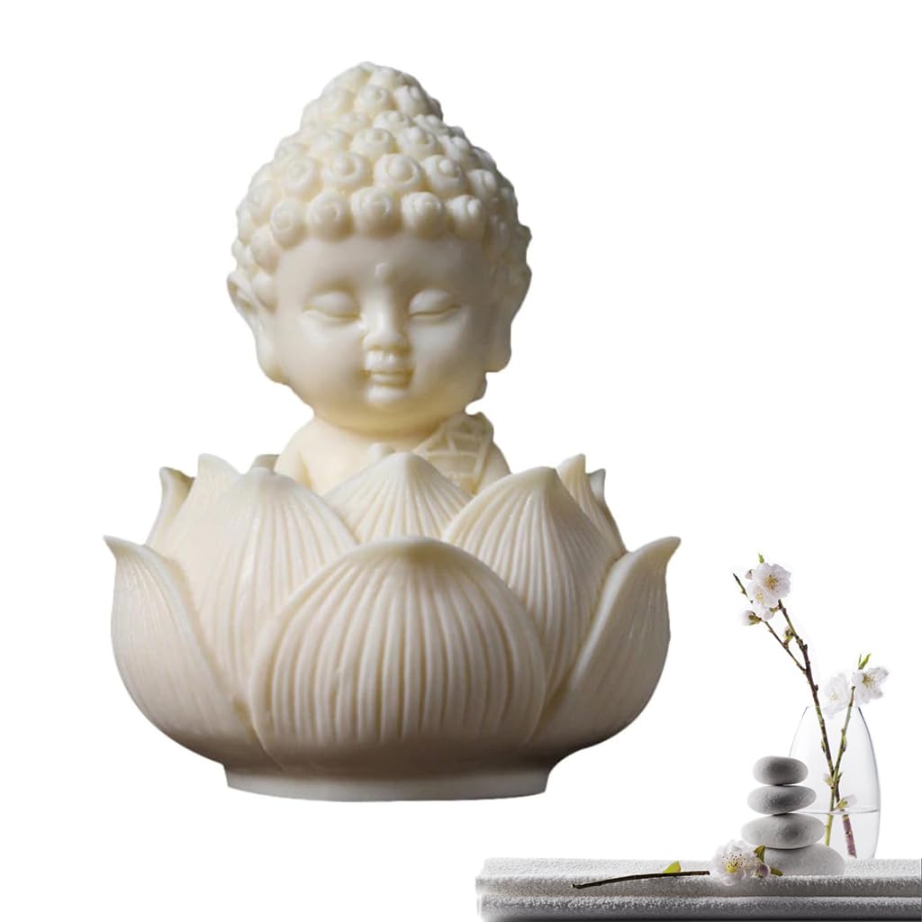 HASTHIP® White Buddha Statue, Bodhisattva Statue, Small Buddha on Lotus Seat, Zen Meditation Statue, Religion Artwork Statue for Home Office Bookshelf Decoration, Collectible Gifts for Men