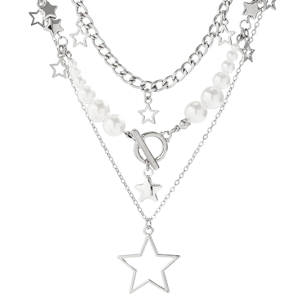 HASTHIP® Necklace for Women Cute Star Pendant Trio Layered Chain Necklace Pearl Choker Necklace Vintage Y2K Necklace Aesthetic Jewellery Birthday Gift for Women, Girls, Sister