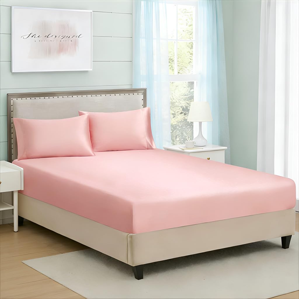 HASTHIP® Sábana Bajera Ajustable Satinada King 78x60x10 Pulgadas, Juego de 1 Sábana y 2 Fundas de Almohada, Microfibra Suave Tipo Seda, Bolsillo Profundo con Elástico, Rosa Lujo Hotel 1800