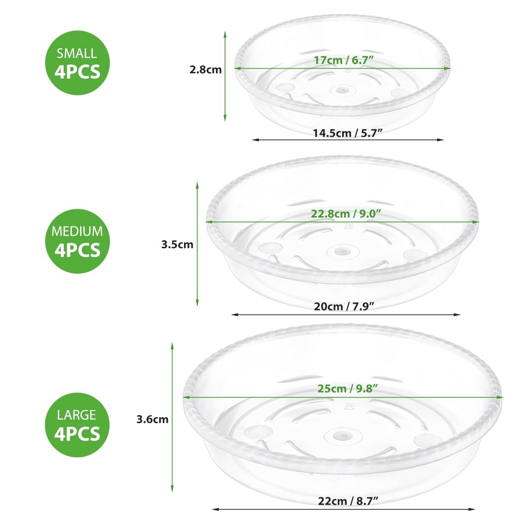 12pcs Plant Plates for Pots with Grooves, 4 Sizes Pots Drainage Tray for Plants, Reusable Round Plastic Plates for Plant Pots (6.7''/8.9''/9.8'')