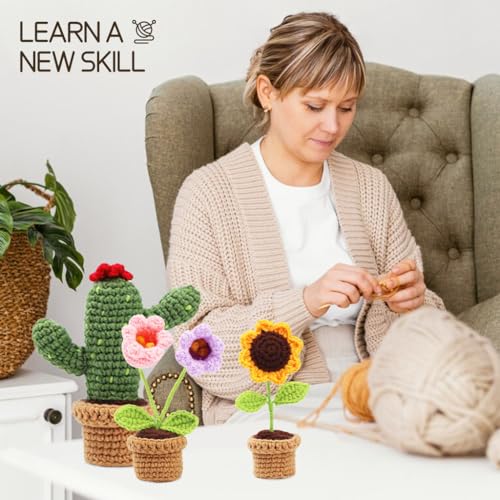 HASTHIP® NAWOKEENY Crochet Kit for Beginners,DIY Crochet Art Material Kit with 6Pcs Mini Flower Pots,Yarn Hooks & Accessories Starter Friendly Set for Adults/Kids Home Decor Gift Ideas