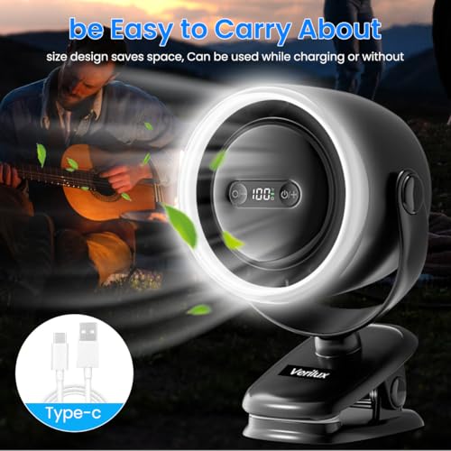 HASTHIP® USB Mini Desk Fan with Night Light, Clip-on Desk Fan, Stepless Airflow Adjustment with LCD Display, 3 Brightness, Rechargeable 7200mAh for Home, Office, Camping