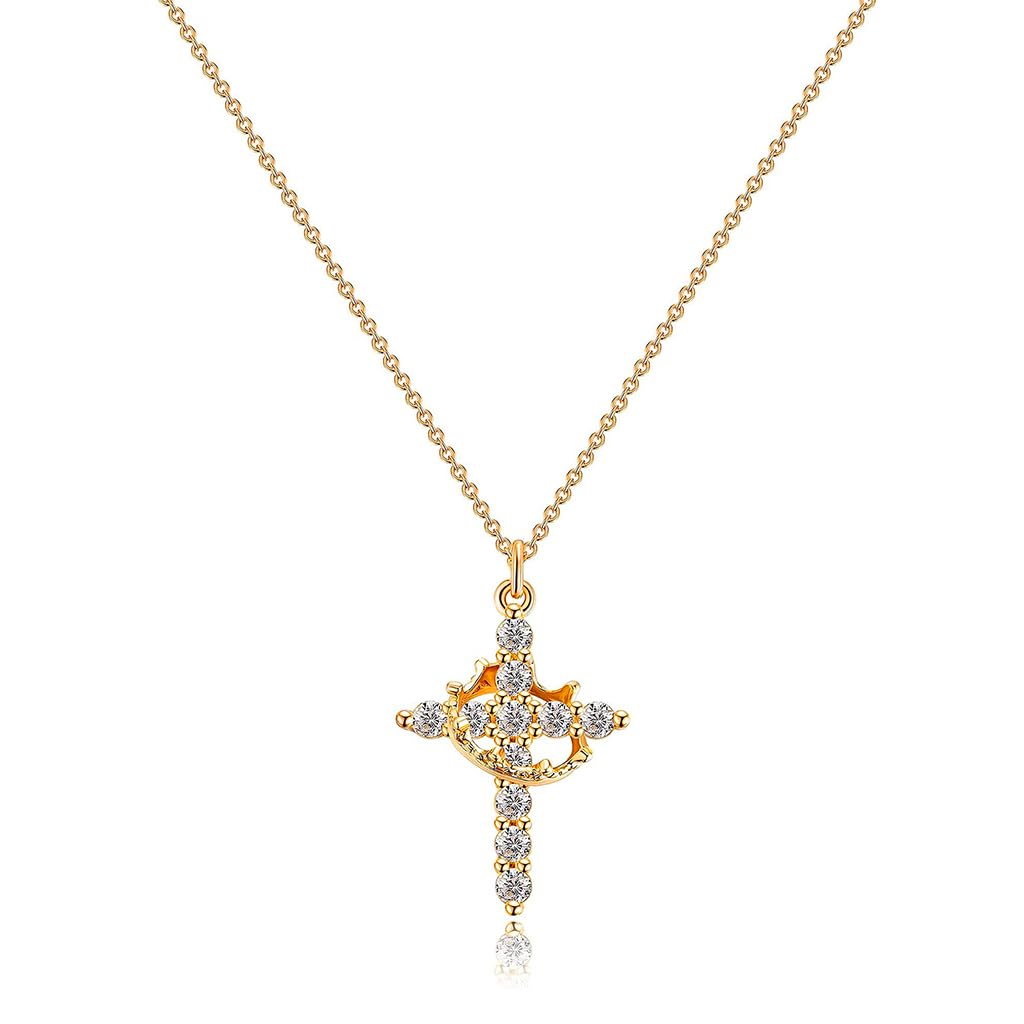 HASTHIP® Cross Necklace for Women Men Stainless Steel Golden Chain Rhinestone Crown Cross Pendant Stylish Choker Necklace Jewellery Birthday Gift for Girlfriend, Women, Girls
