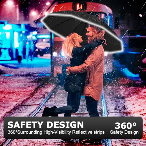 HASTHIP® 50 Inch Large Travel Umbrella with Reflective Strip, Auto Open Close 3-Fold Compact Windproof Sun & Rain Umbrella, 10 Dual Ribs Reinforced Canopy, UV Protection for Men Women (Black)