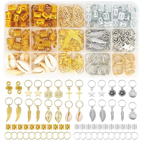 HASTHIP® Marca 220 Piezas de Anillos para Trenzas y Accesorios para el Cabello,Joyas Metálicas Dreadlocks,Pendientes y Cuentas Trenzas Pinzas Decoraciones de Trenza Mujeres Niñas