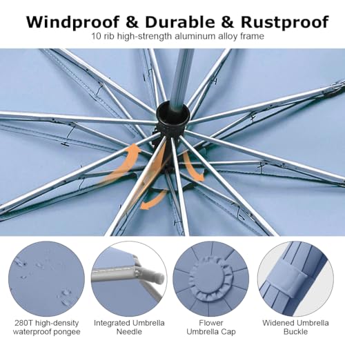HASTHIP® Large Umbrella with Reflective Strip, Auto 3-Fold Compact Travel Umbrella, Carabiner Handle, Reinforced 10 Dual Ribs, Sun Protection 99% UV & Rain & Windproof for Men Women (Blue)