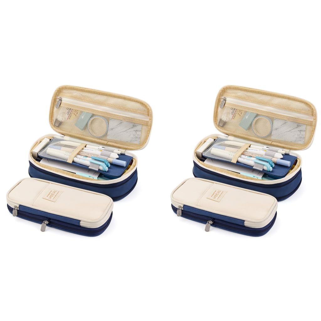 HASTHIP Pencil Pouch for Students with Double Zipper and Multiple Compartments 22x11cm Navy Blue 2 PCS