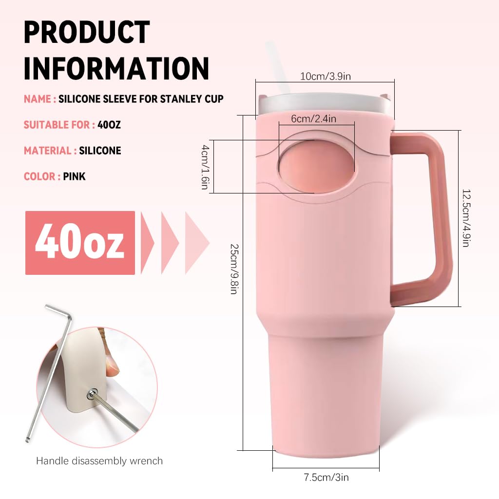 HASTHIP Silicone Sleeve for 40 oz Stanley Cup with Anti Slip Grip and Pink Protective Cover