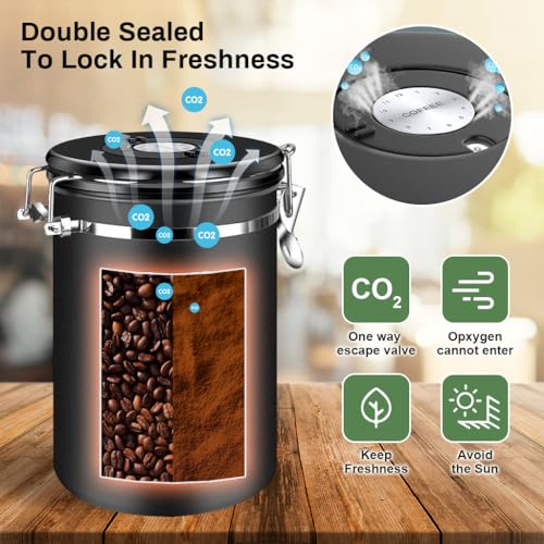 HASTHIP® Coffee Bean Canister 63oz/1.8L, Airtight Stainless Steel Food Storage Container with Lid, Date Tracker & Clear Window, Kitchen Organizer Jar for Coffee, Tea, Sugar, Flour, Pantry Organization