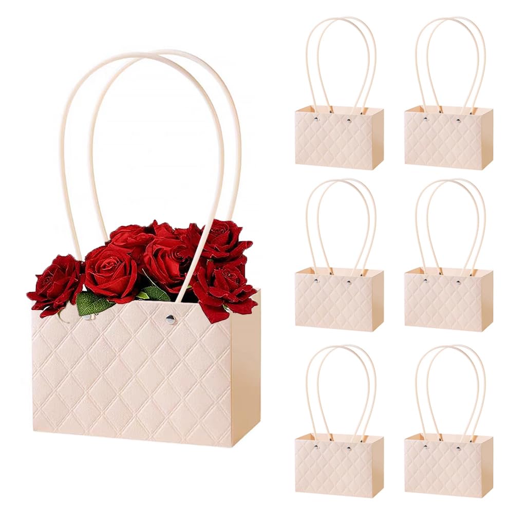 6pcs Gift Packing Basket Paper Flower Basket with Handles Luxury 3D Embossing Flower Basket Flower Arrangement Basket Home Decoration Wedding Flower Basket(Not Included Flowers)