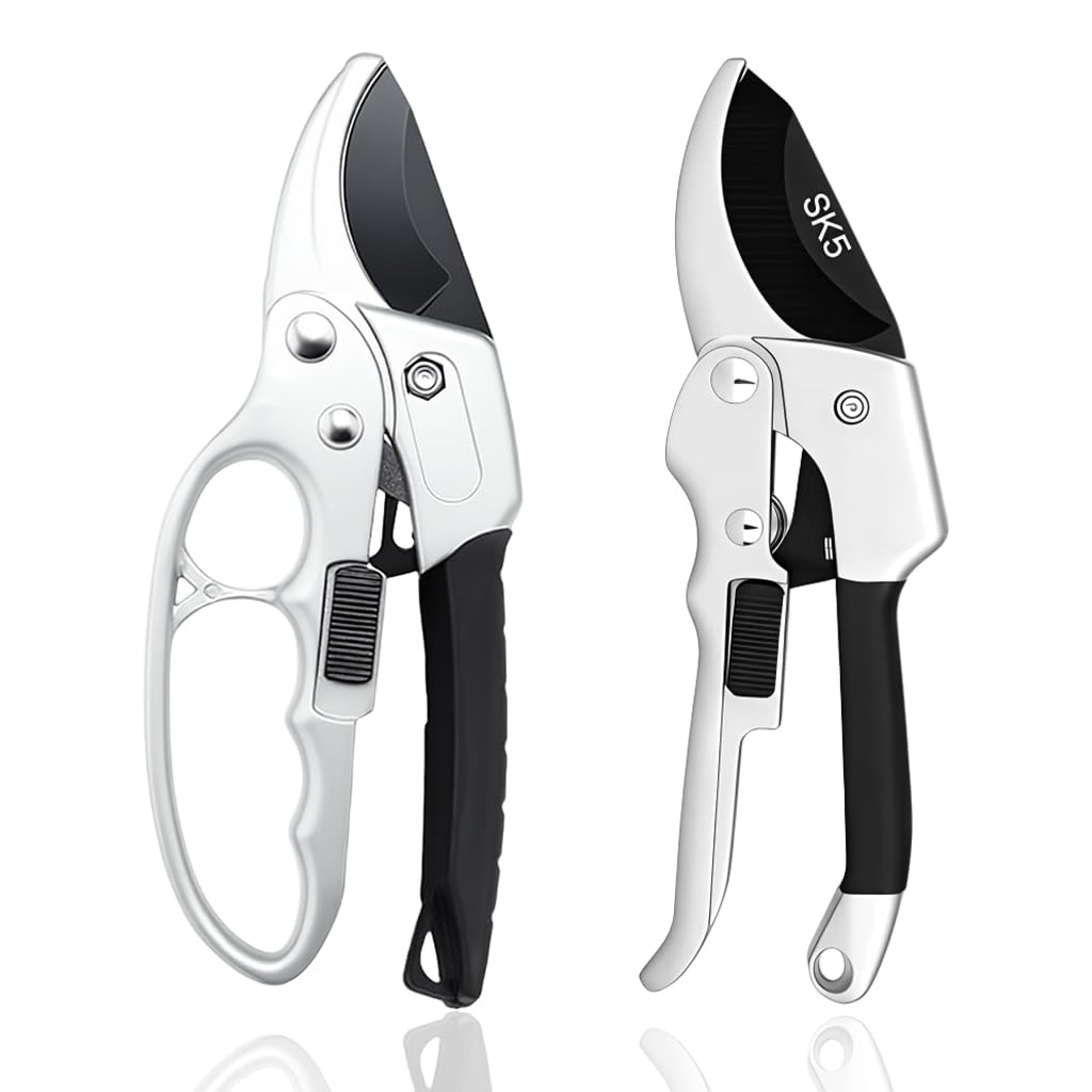HASTHIP® 2Pcs Gardening Scissor Set, Garden Pruning Shears, Bypass & Anvil Secateurs with SK5 Carbon Steel Blades, Anti-slip Handles, Spring-loaded Ergonomic Hand Pruners for Trimming Plants