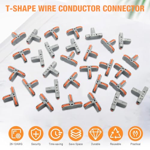 HASTHIP® 30Pcs Wire Connectors T-Shape 3 Way Wire Conductor Quick Cable Splitter Electrical Connectors Push-in Terminal Block Wire Connectors Universal Wire Connector for AWG 28-12 Cable