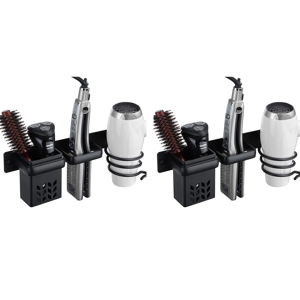 HASTHIP Hair Dryer Stand for Wall Mount Storage with 3 in 1 Holder and Aluminum Alloy Rack | Black 2PCS