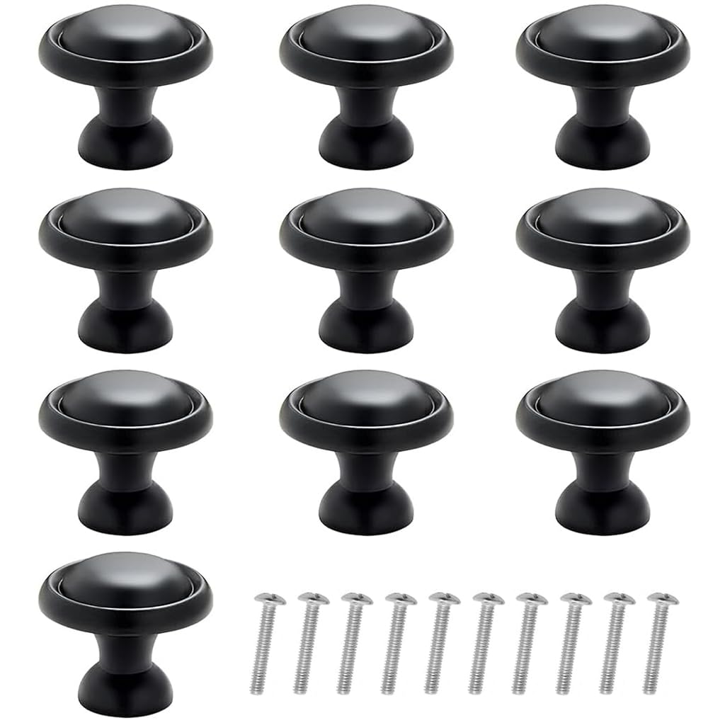 10Pcs Metal Cabinet Knobs, 1.25'' Round Black Zinc Alloy Cabinet Knobs, Rust and Scratch-Resistant Drawer Handles Pulls with Screws for Cabinet, Drawer, Cupboard, Wardrobe