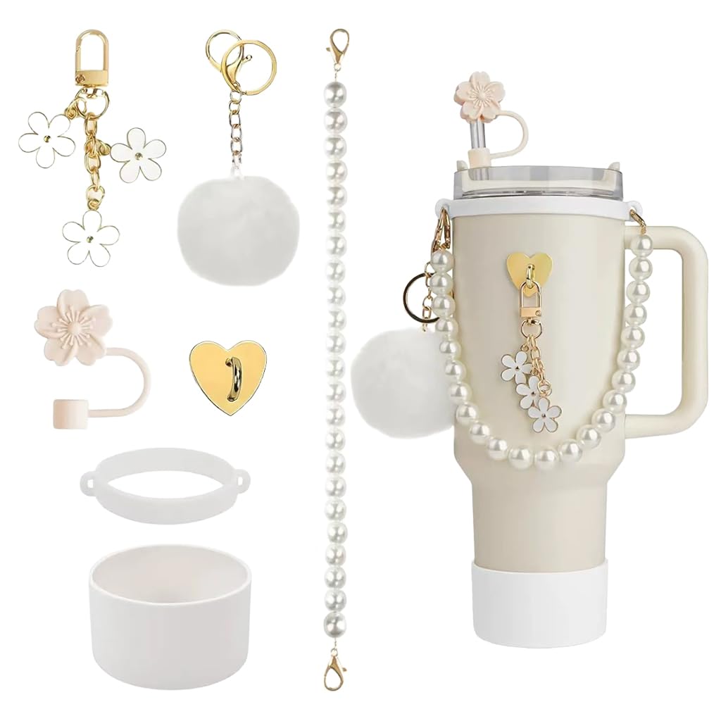 HASTHIP® For Stanley Cup Accessories & Charm Kit Set of 7Pcs Stanley Cup Accessories Sakura Silicone Straw Cap, White Pearl Chain Handle, Cup Bottom Sleeve, Fashion Stanley Cup Accessories