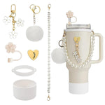 HASTHIP® For Stanley Cup Accessories & Charm Kit Set of 7Pcs Stanley Cup Accessories Sakura Silicone Straw Cap, White Pearl Chain Handle, Cup Bottom Sleeve, Fashion Stanley Cup Accessories