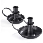 HASTHIP Candle Holder Stand for Dining Table Decor with Wax Drip Tray & Handle | Vintage Black Iron Tealight Set of 2