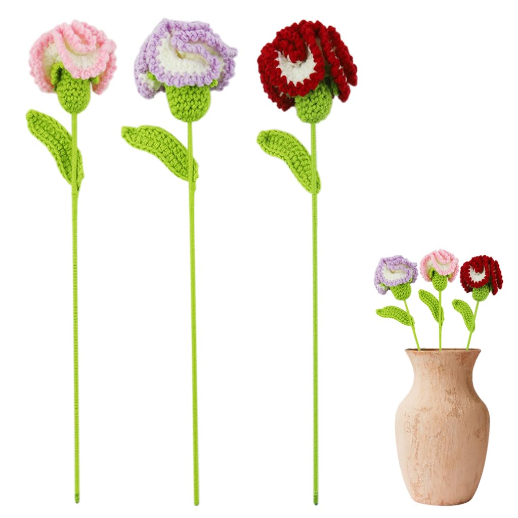 HASTHIP® 3Pcs Handmade Crochet Carnation Flowers for Home Decor Dual Color Crochet Carnation Flowers 16.53" Handmade Crochet Carnation Flowers
