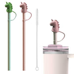 HASTHIP Silicone Straws for Water Bottles featuring 12 in Length and Cartoon Dino Cap | Kids Reusable BPA Free Set with Cleaning Brush