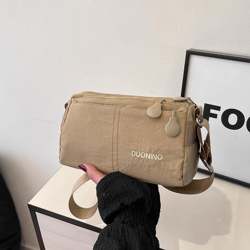 HASTHIP® Bolso Bandolera de Nailon Impermeable para Mujer, Bolsa Cruzada con Correa Ajustable, Múltiples Bolsillos, Ligera y Casual - Caqui