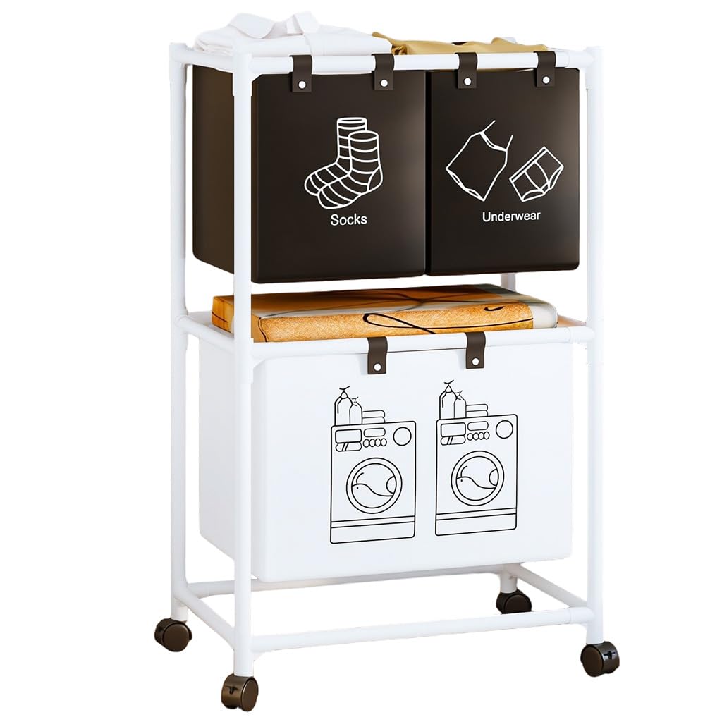HASTHIP Laundry Basket for Clothes Sorting with Wheels and Metal Frame 57x28x97cm | 4 Compartment Double Layer Non Woven Fabric Freestanding Hamper