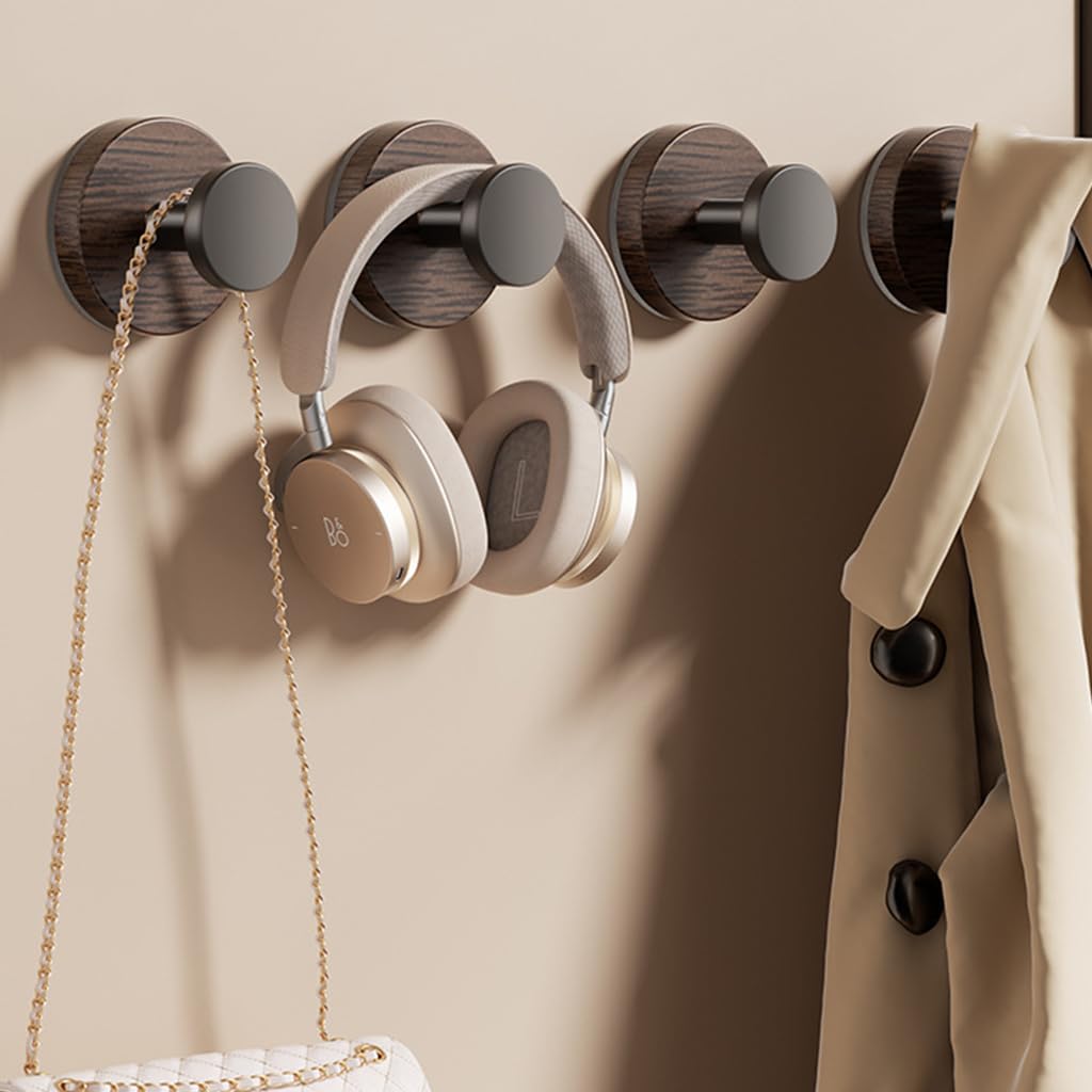 HASTHIP Suction Wall Hooks for Bathroom and Kitchen with Strong Hold and Wooden Grain Base | 4Pcs Reusable Organizer