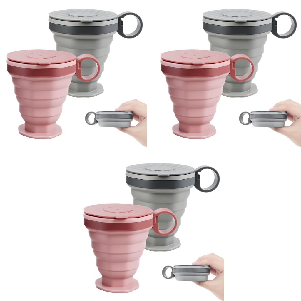 HASTHIP Collapsible Cup for Travel and Camping with Lids and Handles 220ml Silicone | 2 Pack Reusable Foldable Glass