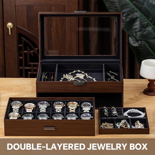 HASTHIP® Watch Box Organizer for Men, 12 Slot Large Capacity Wooden Watch  Display Case with Pull-Out Drawer, Double Layer, Clear Glass Lid, Jewelry 