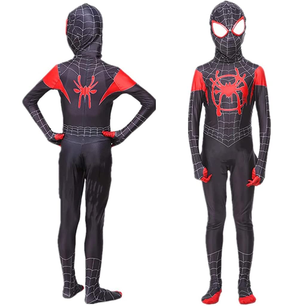 HASTHIP® Kids Spiderman Dress, Miles Morales Spider Man Costume for Kids, Superhero 3D Lenses Black Spider-Man Suit, Silk-Feel Fabric Fancy Jumpsuit & Mask for Boys Gift Halloween Cosplay XXL