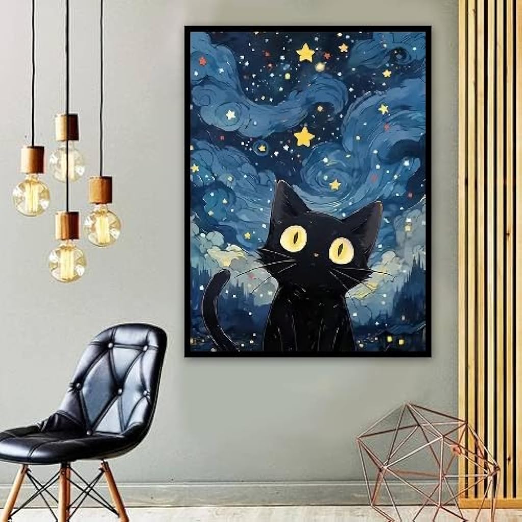 HASTHIP® DIY Diamond Painting Kit for Adults, Cartoon Cat Starry Night Paint by Numbers with Tools & Accessories, 30x40cm No Frame Pre Outlined Canvas Diamond Art Kit