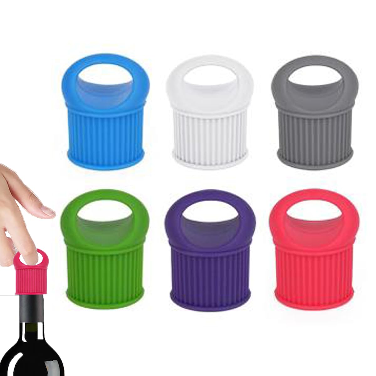 HASTHIP® 6PCS Reuseable Silicone Wine Stoppers,Pull Ring Design Cork Wine Bottle Stoppers Seal Leakproof Bottle Cap Green and Environmental Protection Wine Stopper to Keep Wine Fresh