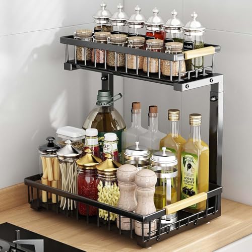 HASTHIP® Under Sink Organizer Rack, 2-Tier Sliding Drawer Adjustable Height Countertop Storage Shelf, Carbon Steel Metal Kitchen Bathroom Pantry Office Stand
