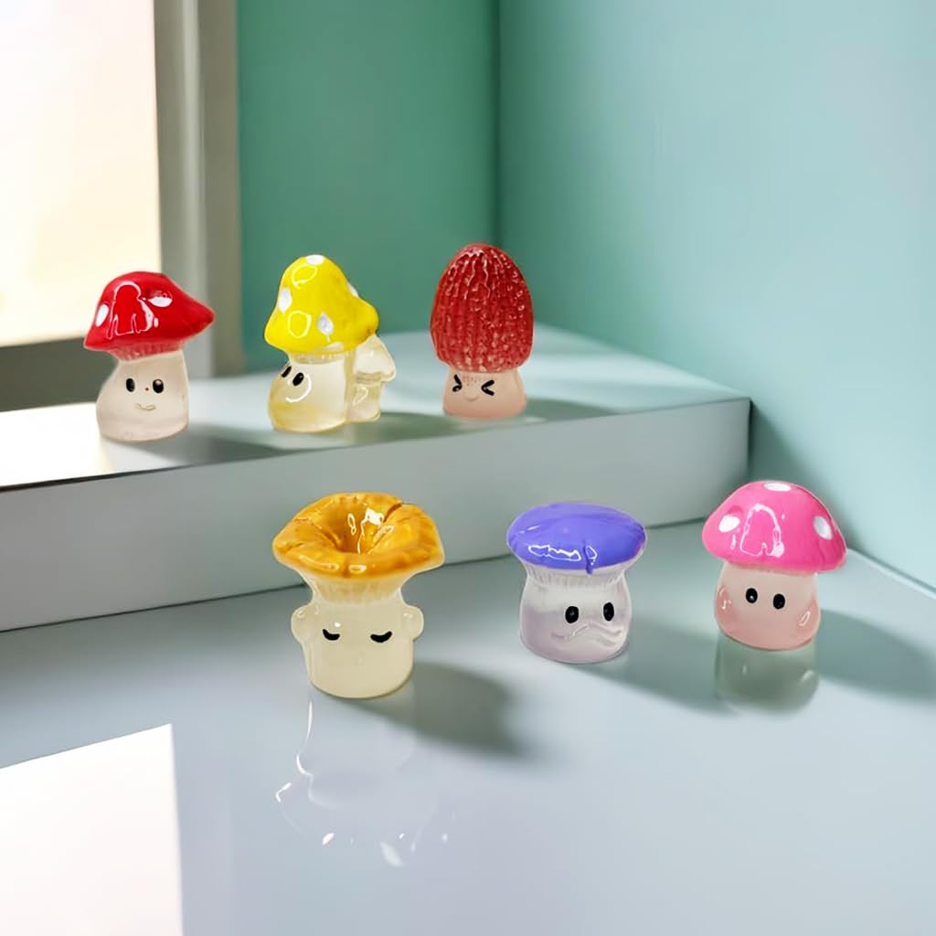 HASTHIP® 6Pcs Mini Luminous Mushrooms Plant Miniature Moss Landscape Decorations Resin Miniature Decor for Moss Landscape, Garden Ornament, Flower Pots, Dollhouse Garden Decorations, 1.2x1.6cm