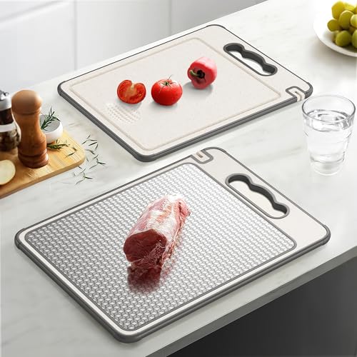 HASTHIP® 14.4 x9.8 inchs Double Sided 304 Wheat Straw & Steel Chopping Board with Whetstone Notch Anti-slip Cutting Board for Meat, Vegetable, Fruit, Deli