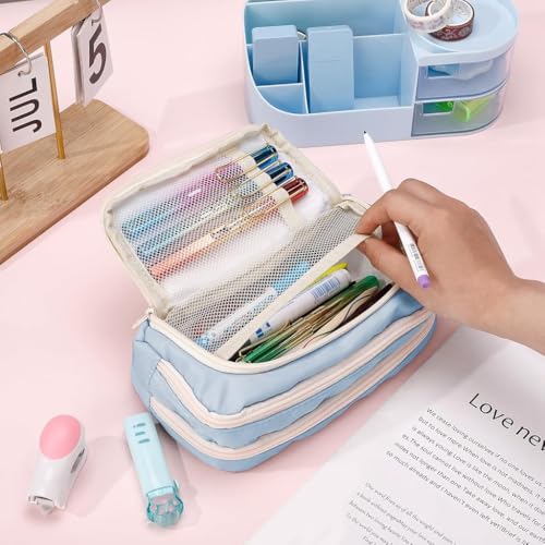 HASTHIP® Partideal Large Capacity Pencil Case with 4 Compartments, Aesthetic School Pencil Pouch for Girls Teenagers, Cute Zipper Pen Organizer for Office, Blue