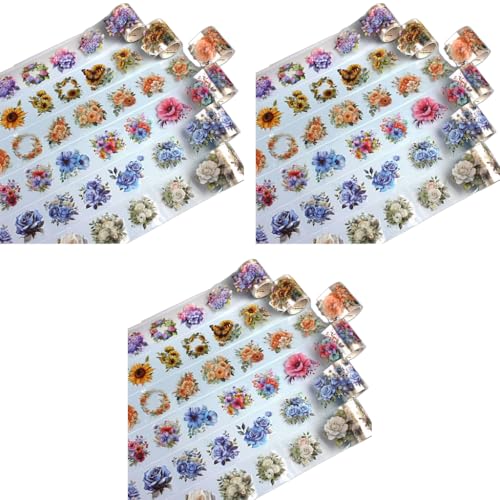HASTHIP® 6 Rolls Floral DIY Scrapbooking Decorative Tapes Washi Tape Stickers PET Transparent Aesthetic for Journal Making Art Craft 3PCS